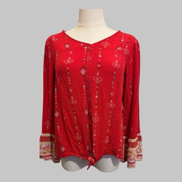 Mudd Girls Boho Crinkle Geometric Y2K Knot Hem Vibrant Bell Sleeves Red Top XL - Picture 8 of 8